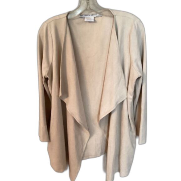 GRETCHEN SCOTT SIZE LARGE TAN WATERFALL FAUX SUEDE OPEN FRONT CARDIGAN - Picture 1 of 5